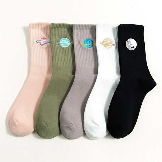 Mid Rise Planet Space Embroidered Socks
