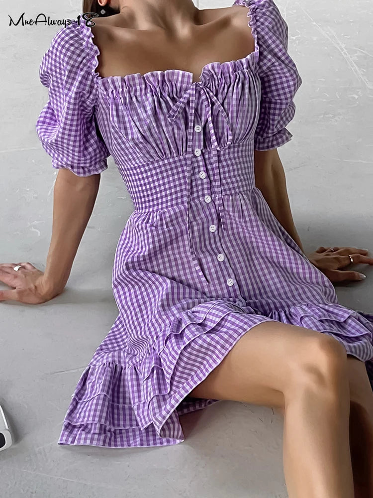 Purple Plaid Dress Puff Sleeve