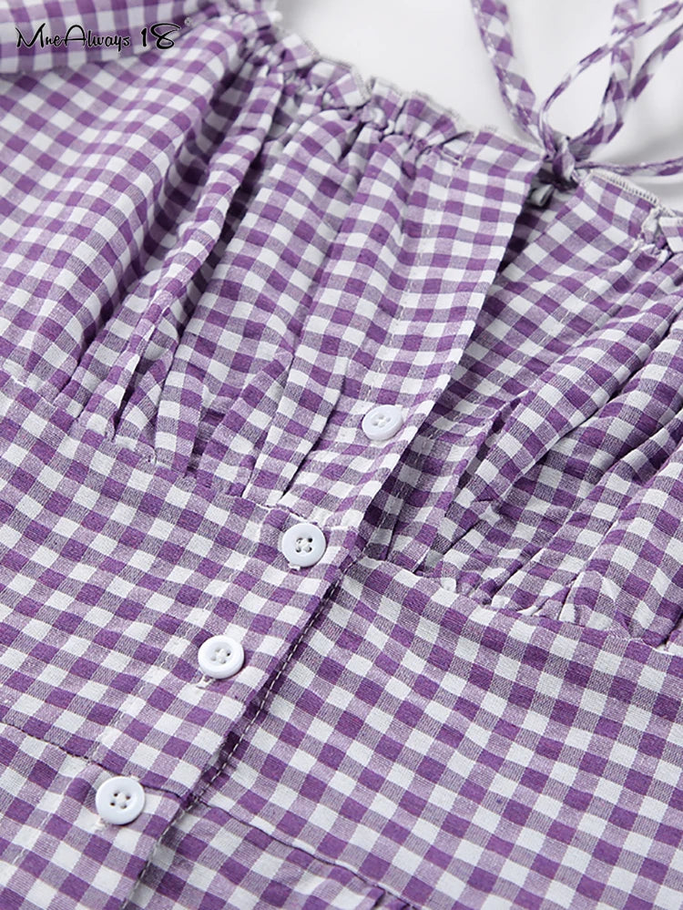 Purple Plaid Dress Puff Sleeve
