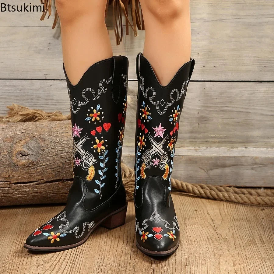 Black/White Embroidered Cowboy Boots