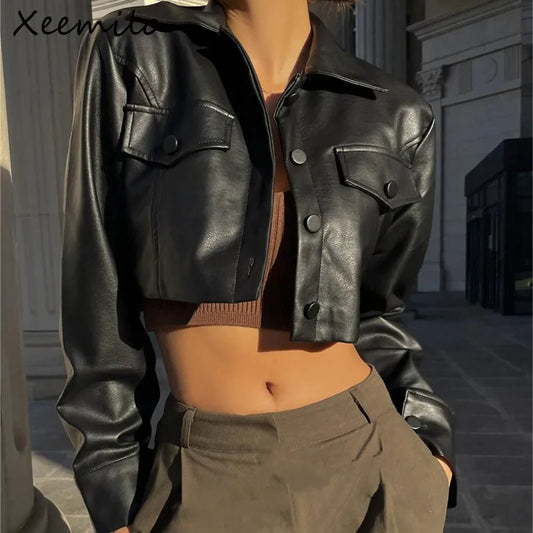 Faux Leather Short Jacket Y2K Turn-down Collar