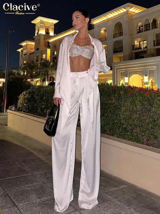 Loose White Satin Trousers Sets