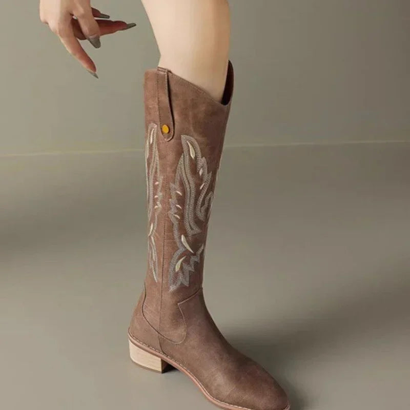 Retro Embroidered Knee High Boots
