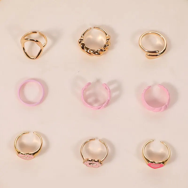9pcs Gold & Pink Ring Set