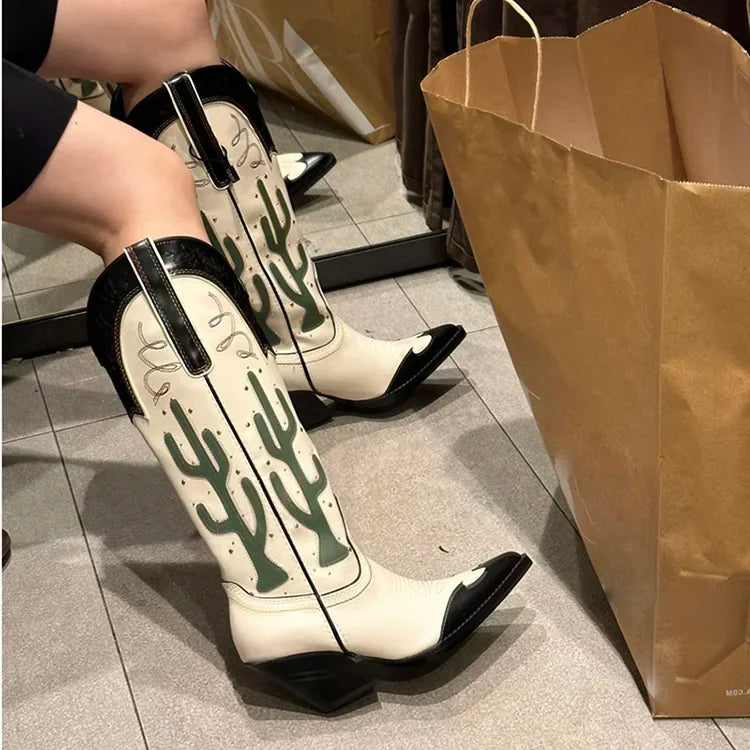 Iconic Cactus Embroidery Cowboy Boots
