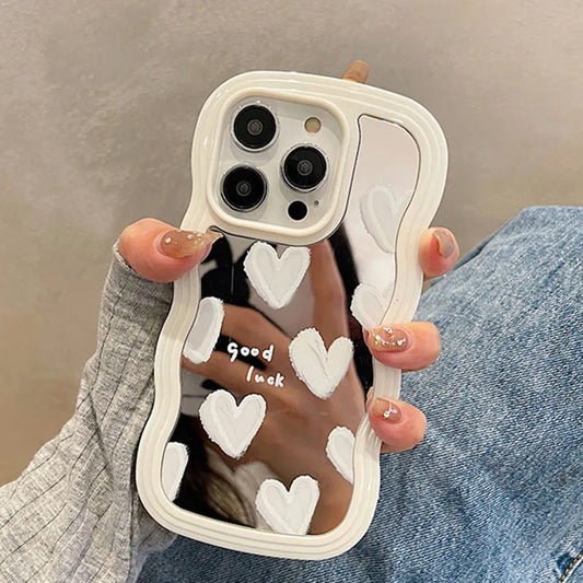 White Heart Makeup Mirror Case For iPhone