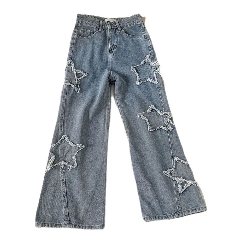 High Waist Straight Leg Loose Fitting Star Jeans