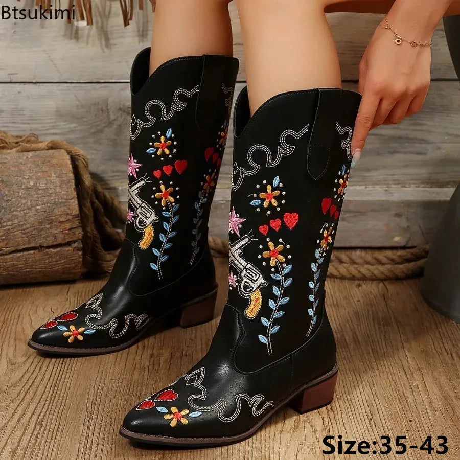 Black/White Embroidered Cowboy Boots