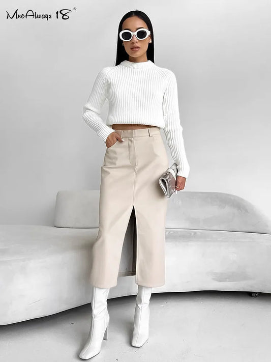 Faux Leather Slit Straight Skirts