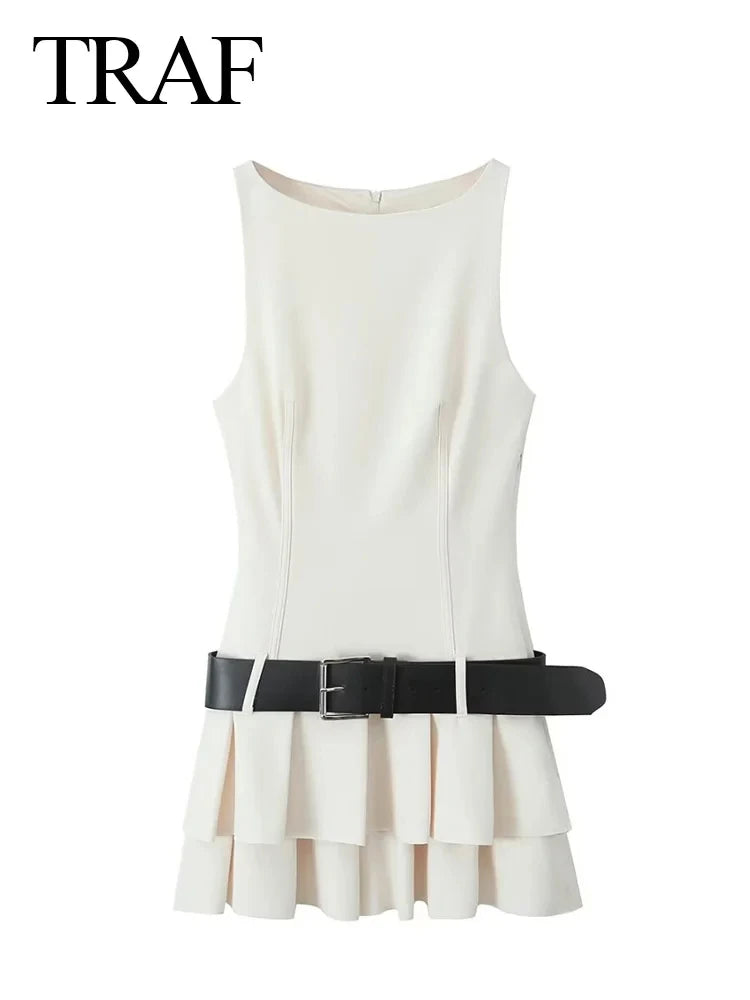 White Pleated Slim Mini Dress