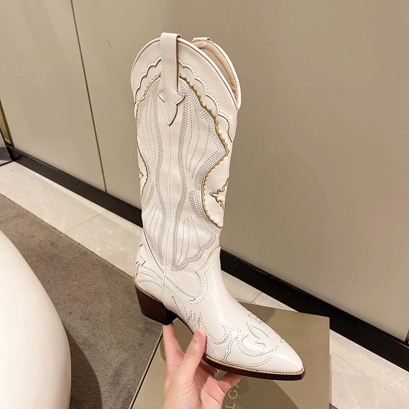 Cream Mid Length Embroidered Cowboy Boots