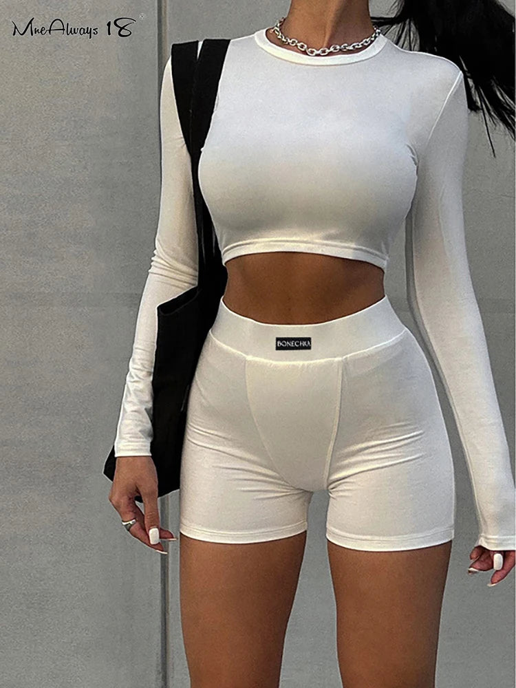 Sporty White Long Sleeve Cropped Tee And Shorts