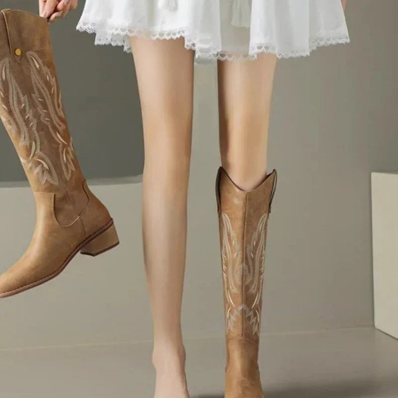 Retro Embroidered Knee High Boots