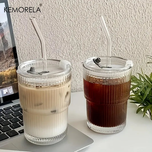 450ml Stripe Glass Cup With Lid