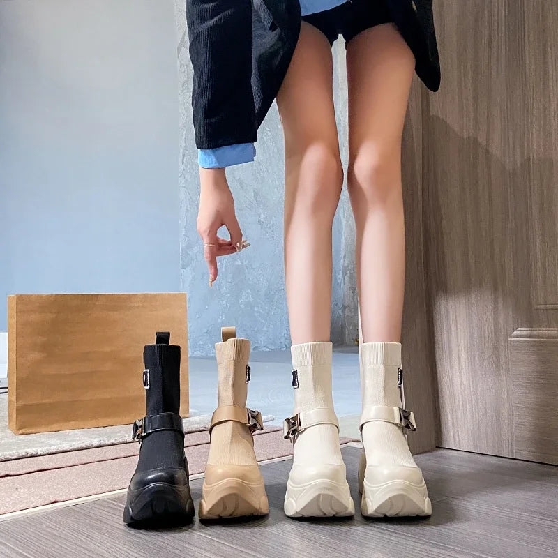 Slip-on Knitted Elastic High-Platform Boots