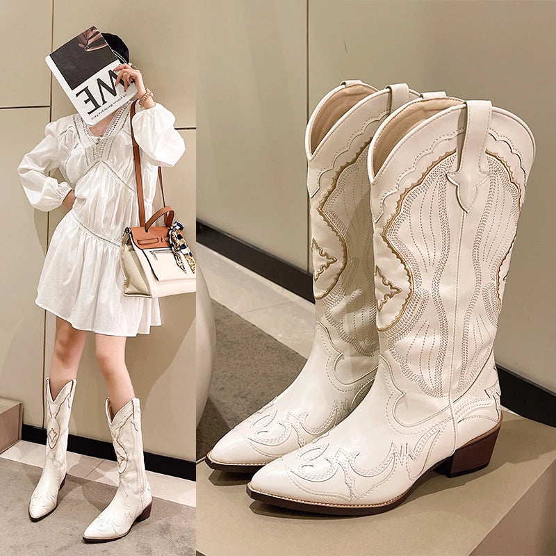 Cream Mid Length Embroidered Cowboy Boots