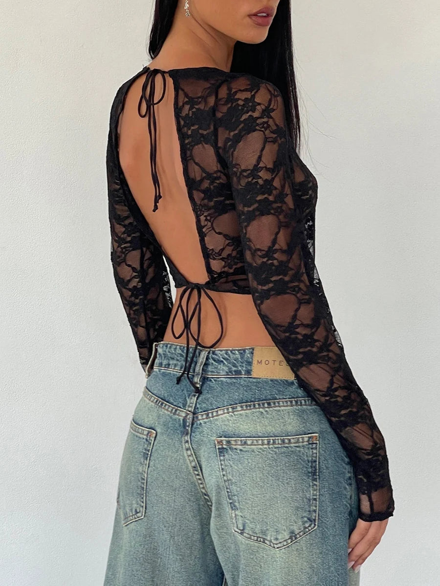 Long Sleeve Tie-Up Backless Lace Top