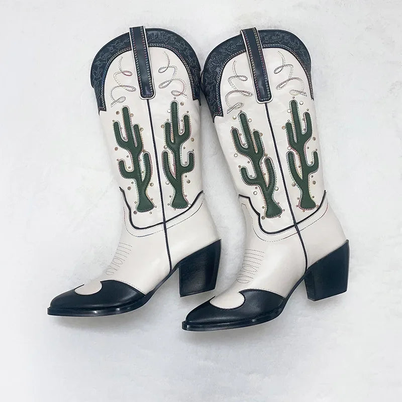 Iconic Cactus Embroidery Cowboy Boots