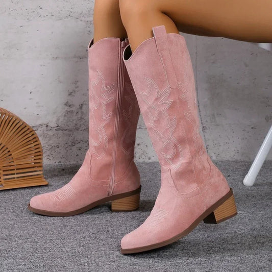 Soft Embroidered Square Heel Boots