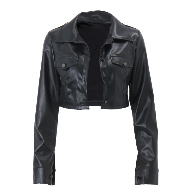 Faux Leather Short Jacket Y2K Turn-down Collar