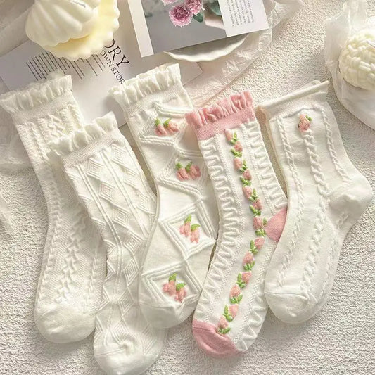 5 Pairs Cute White Short Socks Set