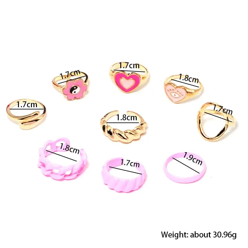 9pcs Gold & Pink Ring Set